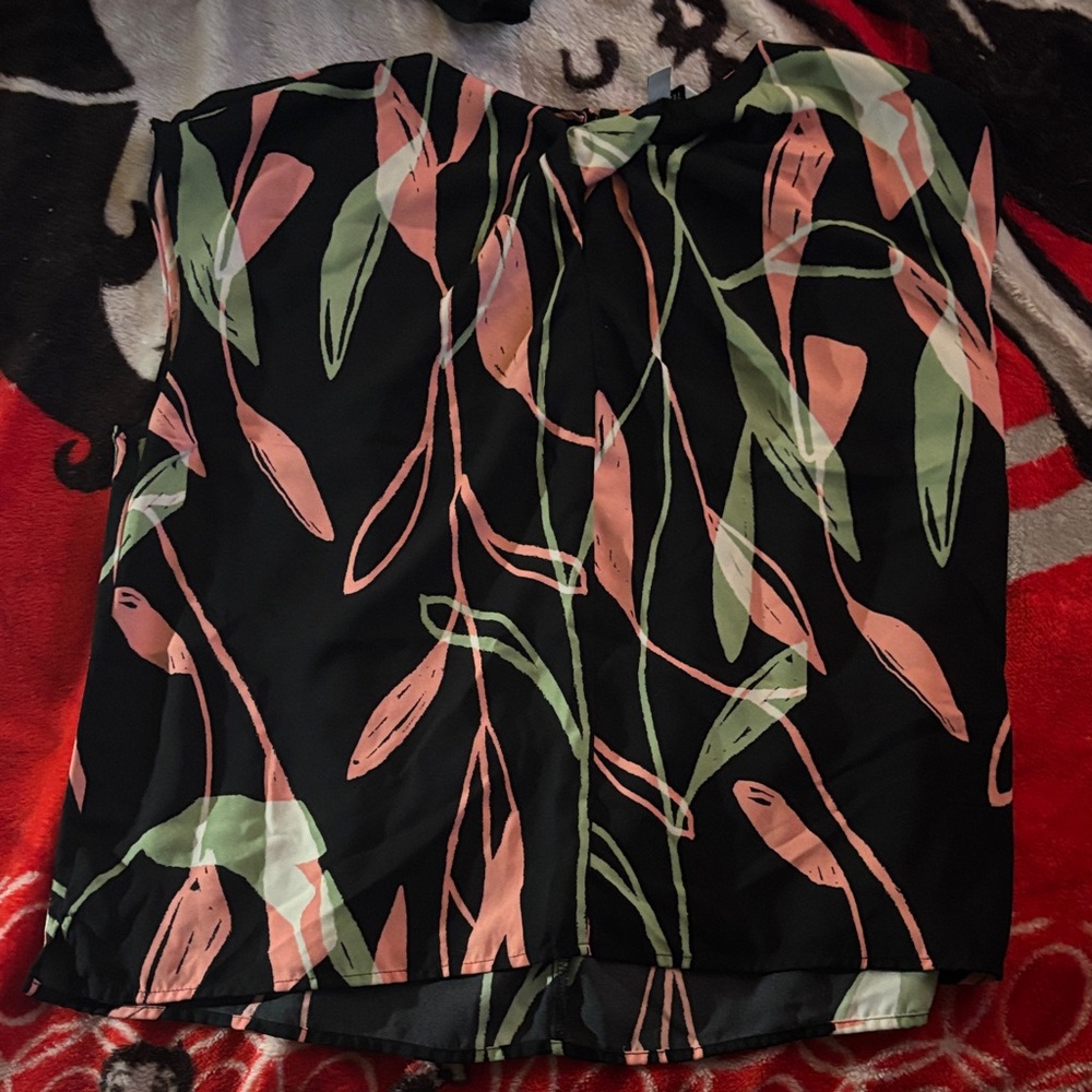 Nine West Black and Pink Leaf Print Blouse